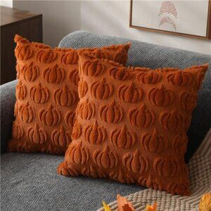 Set of 2 Fall Pillow Covers 18x18 - Pumpkin & Faux Fur Throw Pillow Cases for Ho